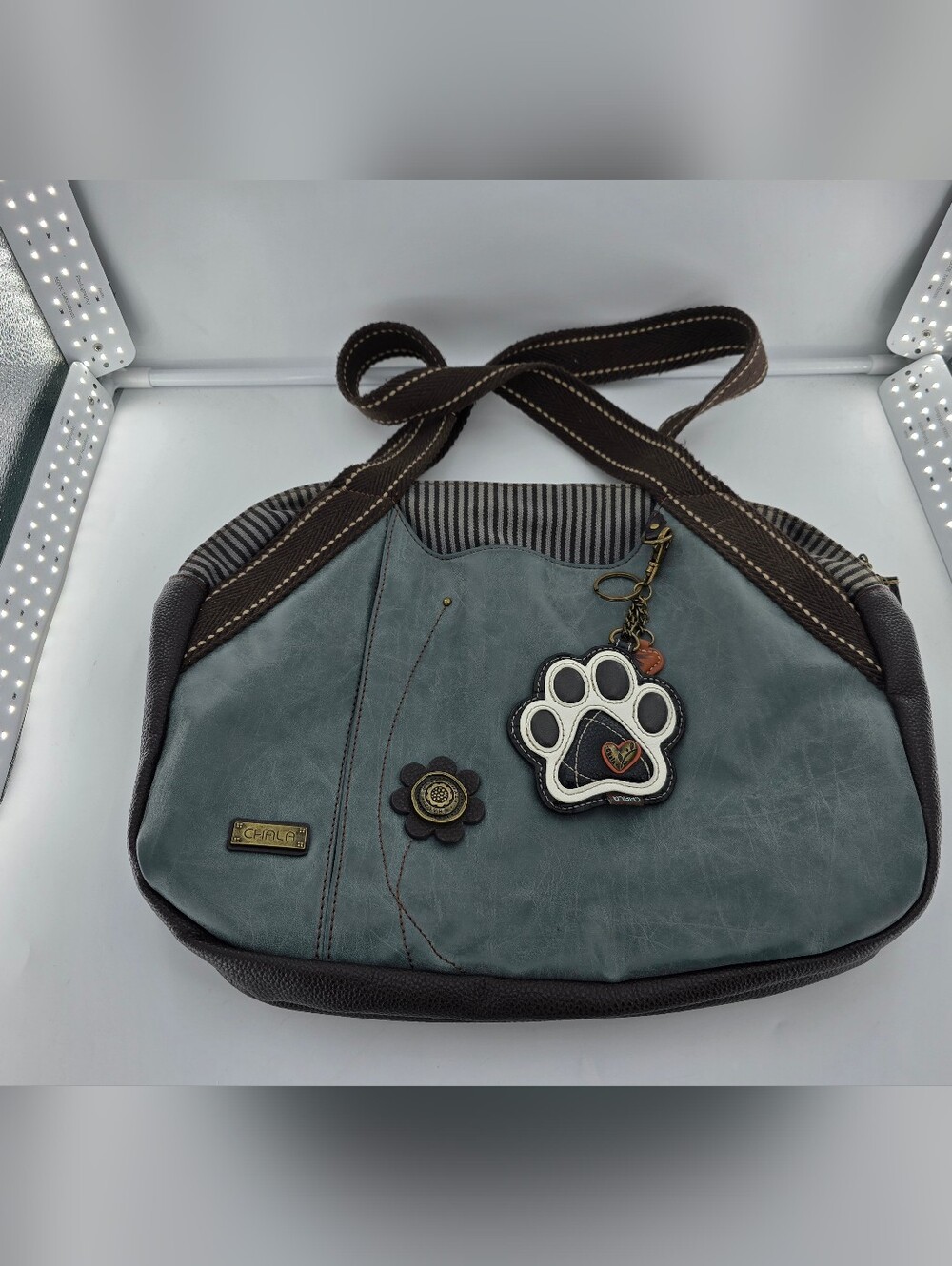 Chala Teal and Brown Floral Paw Accent Shoulder Bag